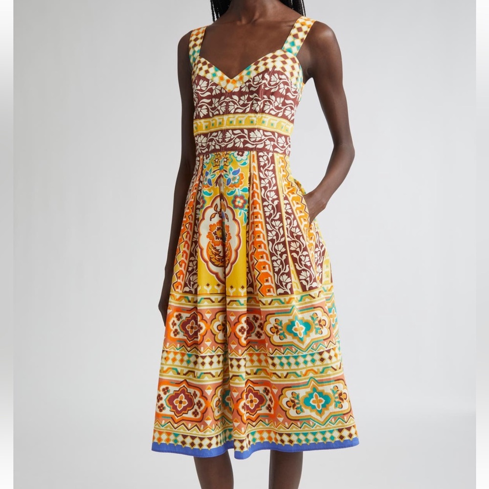 Etro Geo Floral Sundress Sleeveless Poplin Printed Midi Dress in Yellow Base